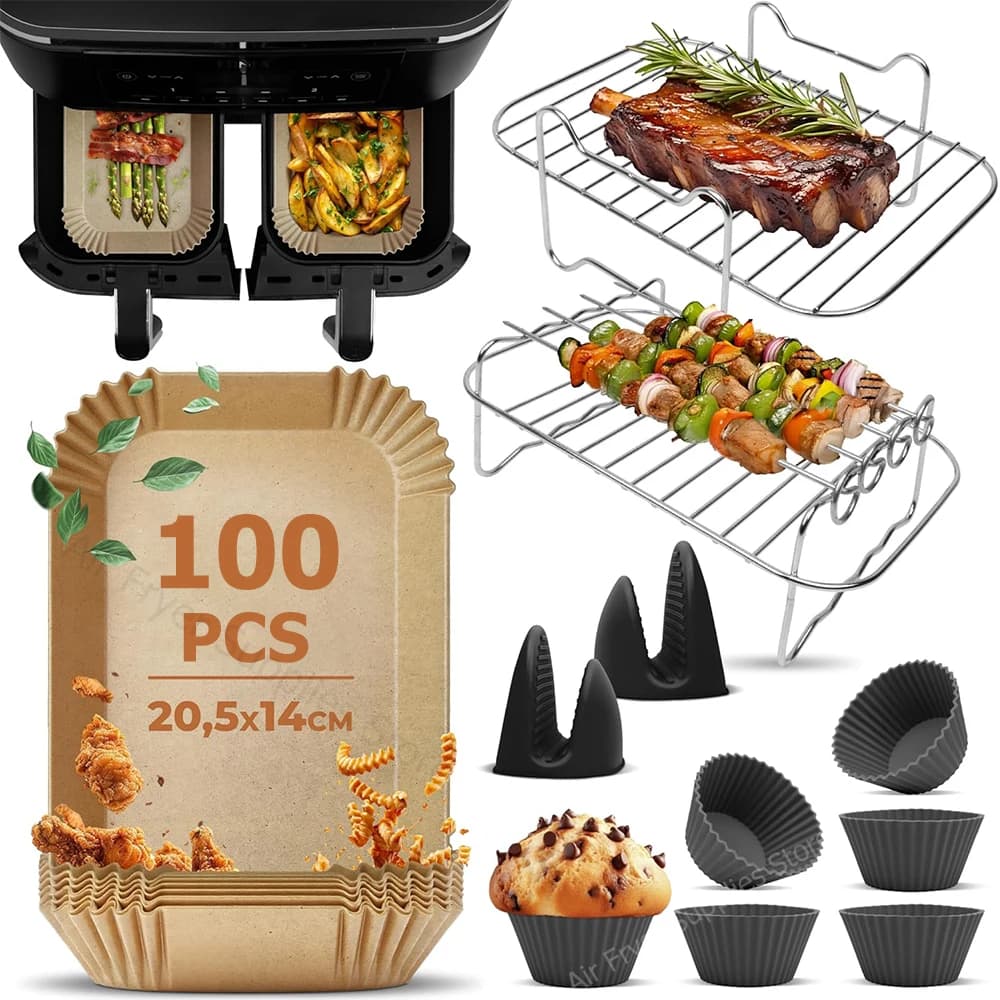 Air Fryer Accessories for Ninja AF400 AF300 DZ201 Air Fryer Racks/Paper/Gloves/Muffin Cup for 7.6L to 9.5L Dual Zone Airfryer
