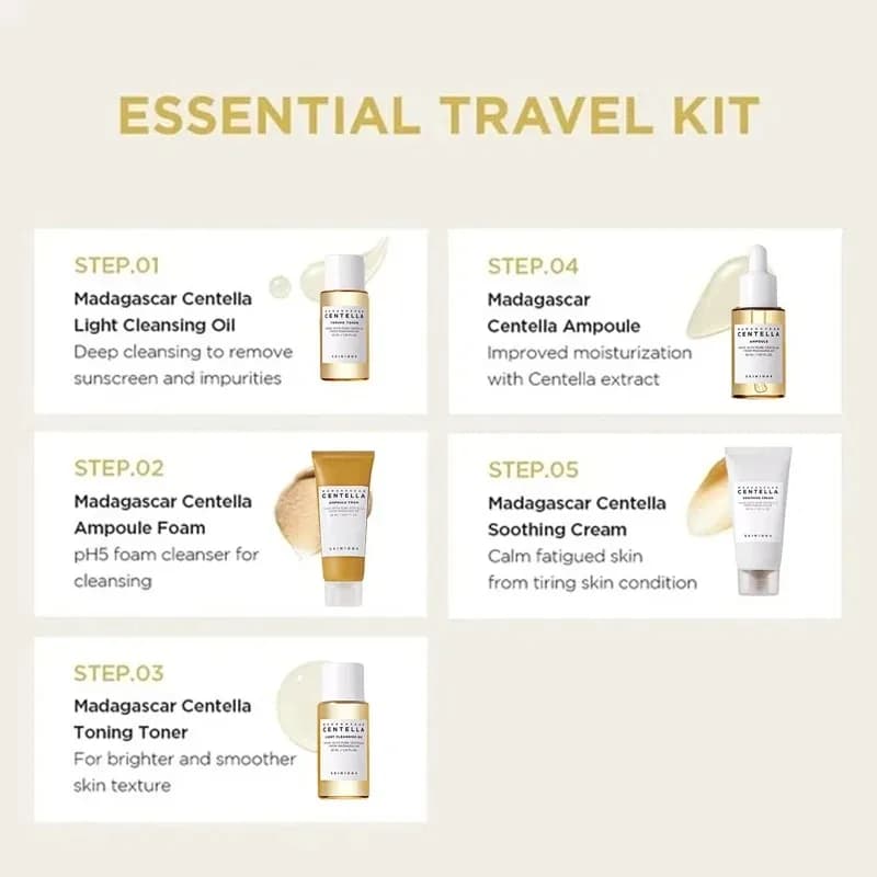 Korean Centella Travel Kit, Toner,Ampoule,Soothing Cream,Cleansing Oil,Ampoule Foam,Basic Daily Skincare Mini 5pcs Gift Sets