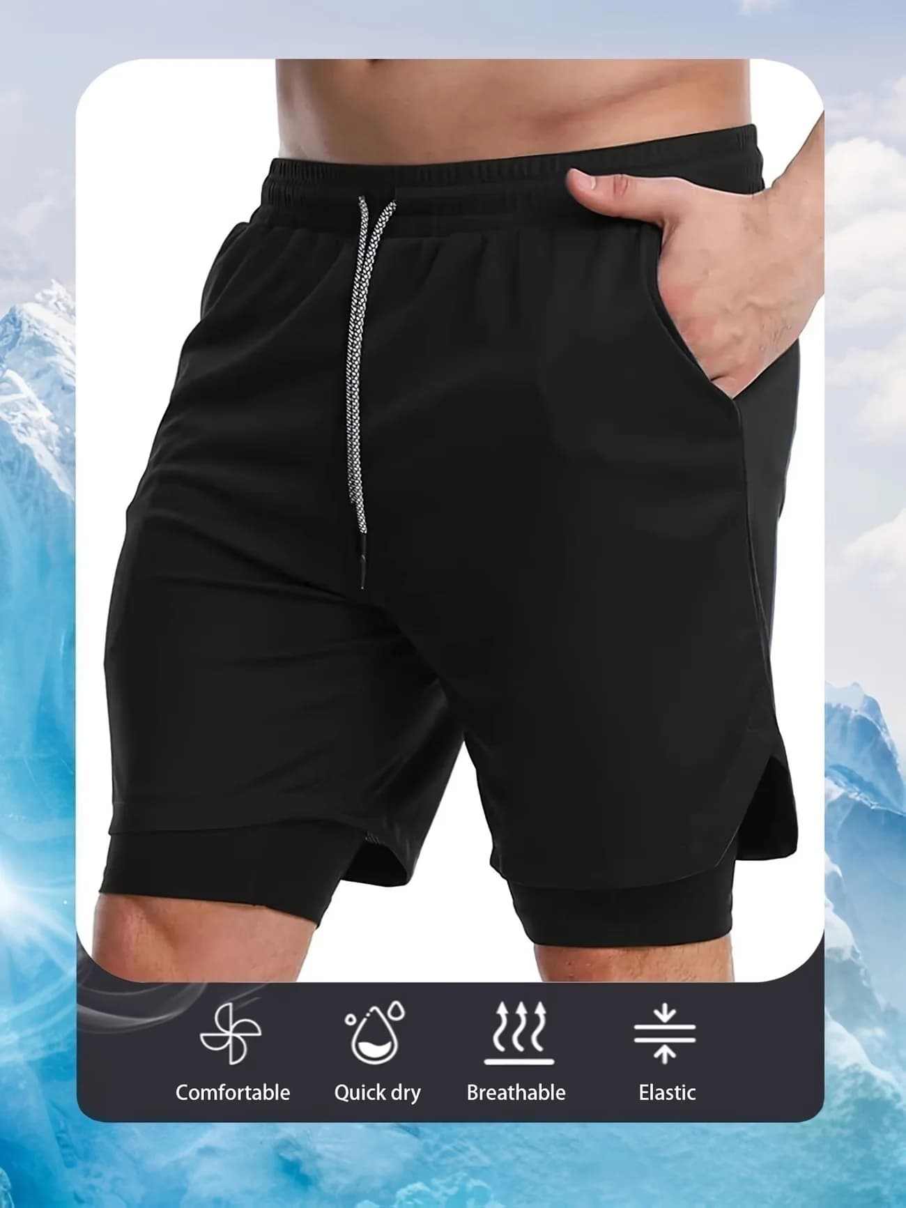 Men's fitness workout set, including a short-sleeve fitness T-shirt and double-layer athletic shorts