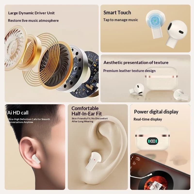 Wireless TWS Semi-In-Ear Earbuds with Sleek Design Long Endurance Battery Built-in Mic Versatile Headphones for Active Lifestyle