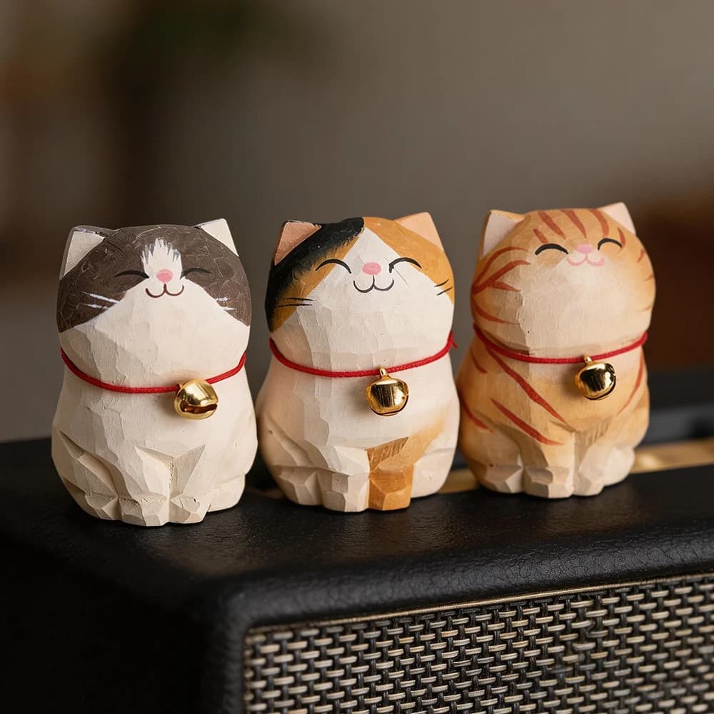Cute Cat Animals Figurine Decorative Wooden Ornament Kitten Statue Calico Golden Gradient Cat Home Office Desk Car Decor Gift