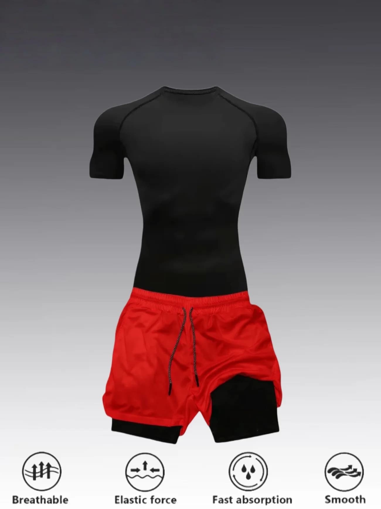 Men's fitness workout set, including a short-sleeve fitness T-shirt and double-layer athletic shorts