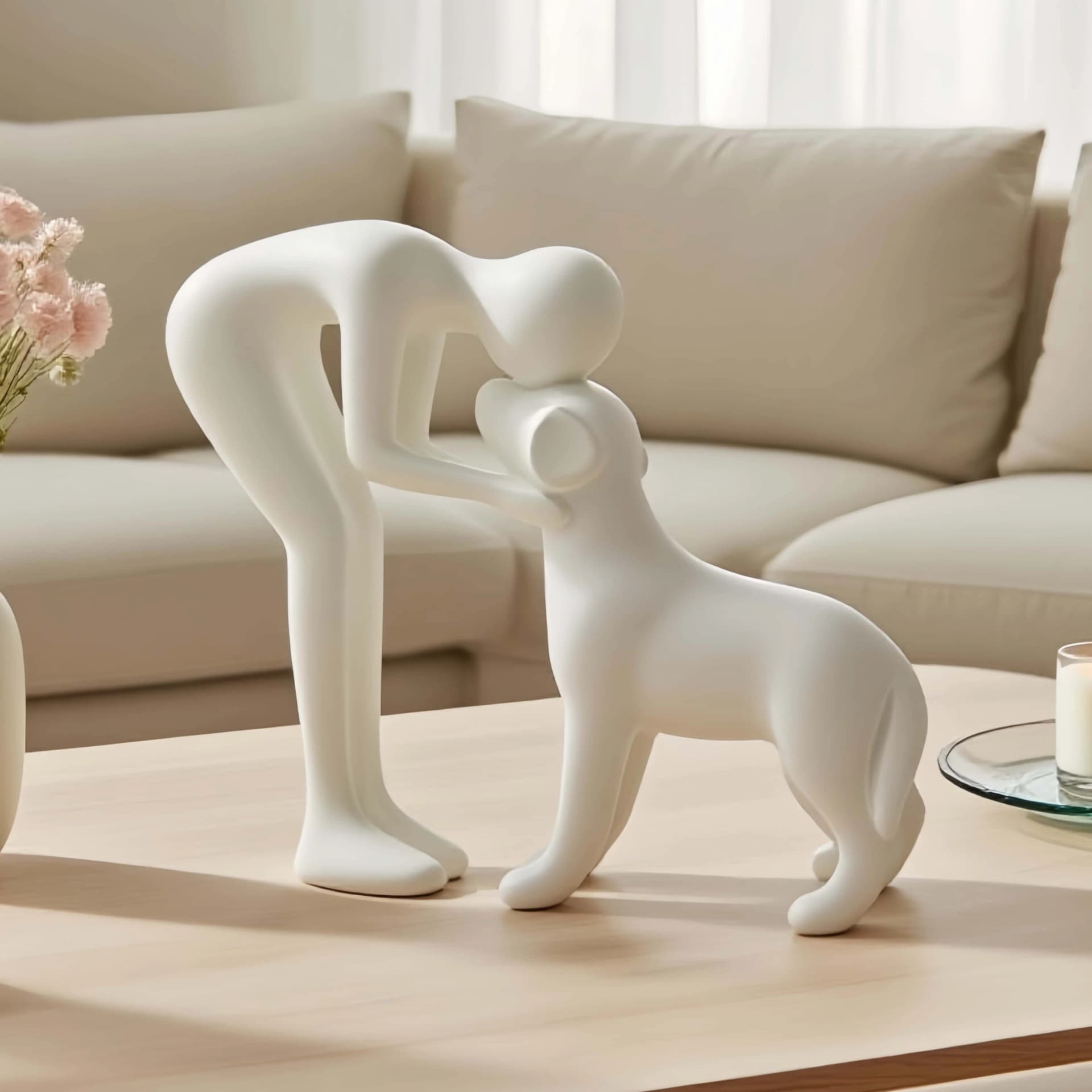 An elegant and simple black dog and owner statue, a warm gift for pet lovers and a home table decoration that is not easy to bre