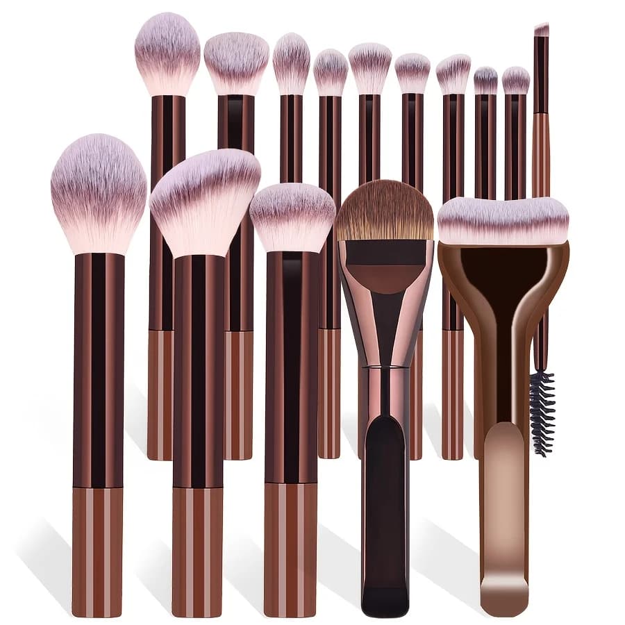 A Set of 15 Makeup Brushes Including Foundation Brush, Highlighter Brush, Blush Brush, Powder Brush, Nose Contour Brush, Eyeshad