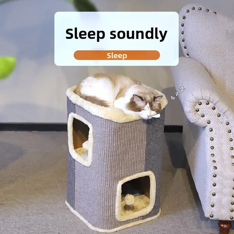 Cat Tree with Cat House 2 in 1 Warm Enclosed Cat Condo Sisal Scratching Post for All Seasons
