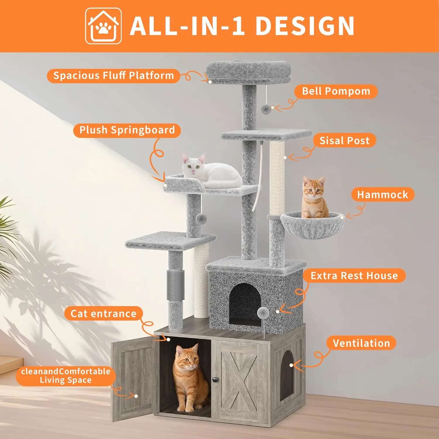 Cat Tree,Modern Cat Tower with Litter Box Enclosure,Large Condo with Food Station, Storage, Scratching Posts, Cave, Hammock
