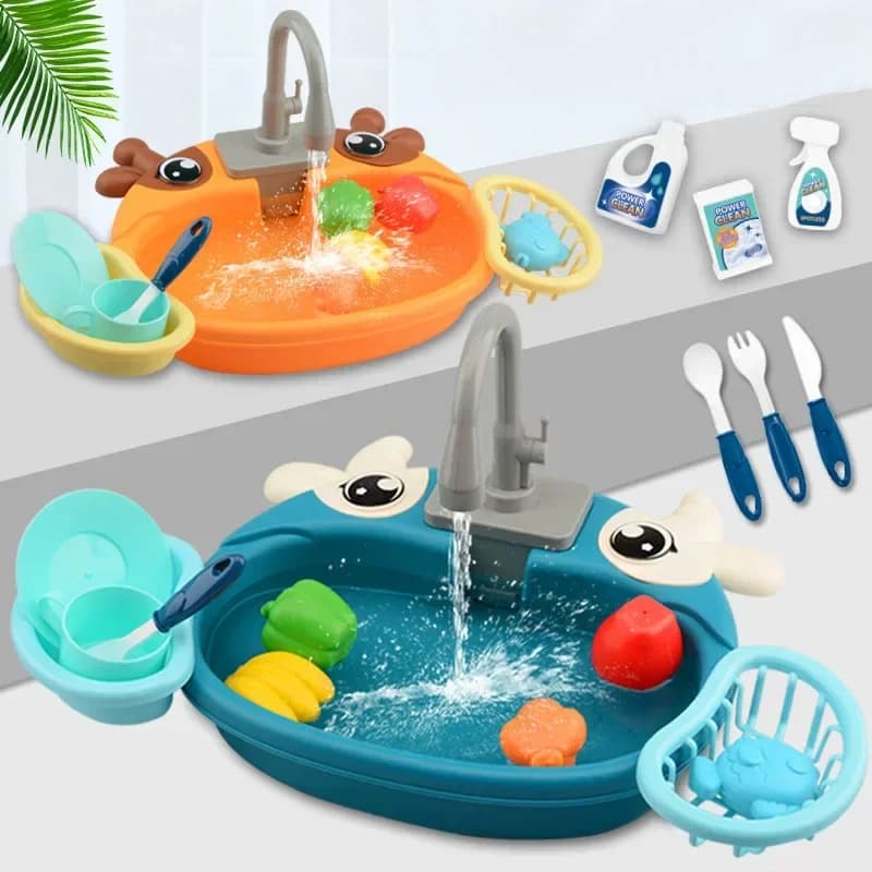 Kids Kitchen Sink Toys Electric Dishwasher Playing Toy with Running Water Pretend Play Food Fishing Toy Role Playing Girls Gift