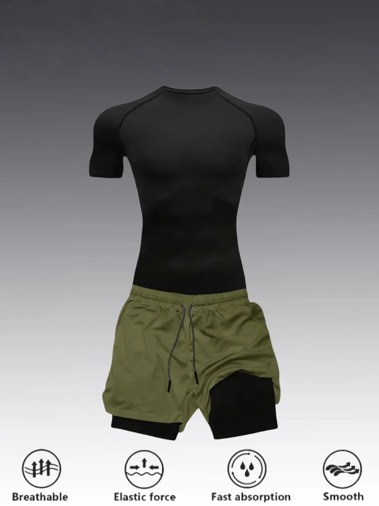 Men's fitness workout set, including a short-sleeve fitness T-shirt and double-layer athletic shorts