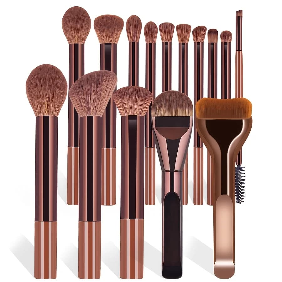 A Set of 15 Makeup Brushes Including Foundation Brush, Highlighter Brush, Blush Brush, Powder Brush, Nose Contour Brush, Eyeshad