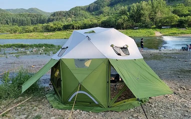 Unique design, pop-up camping tent with heat-activated deployment.