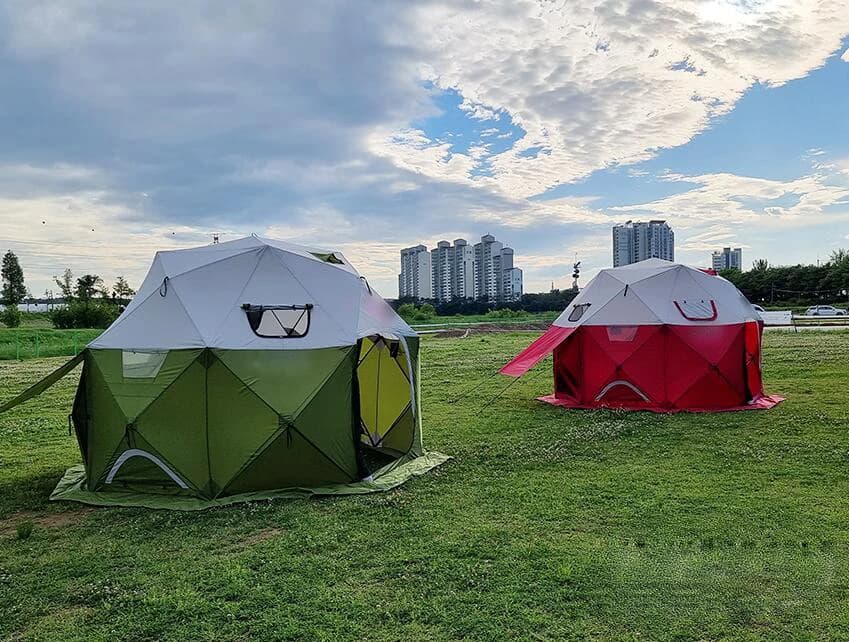 Unique design, pop-up camping tent with heat-activated deployment.