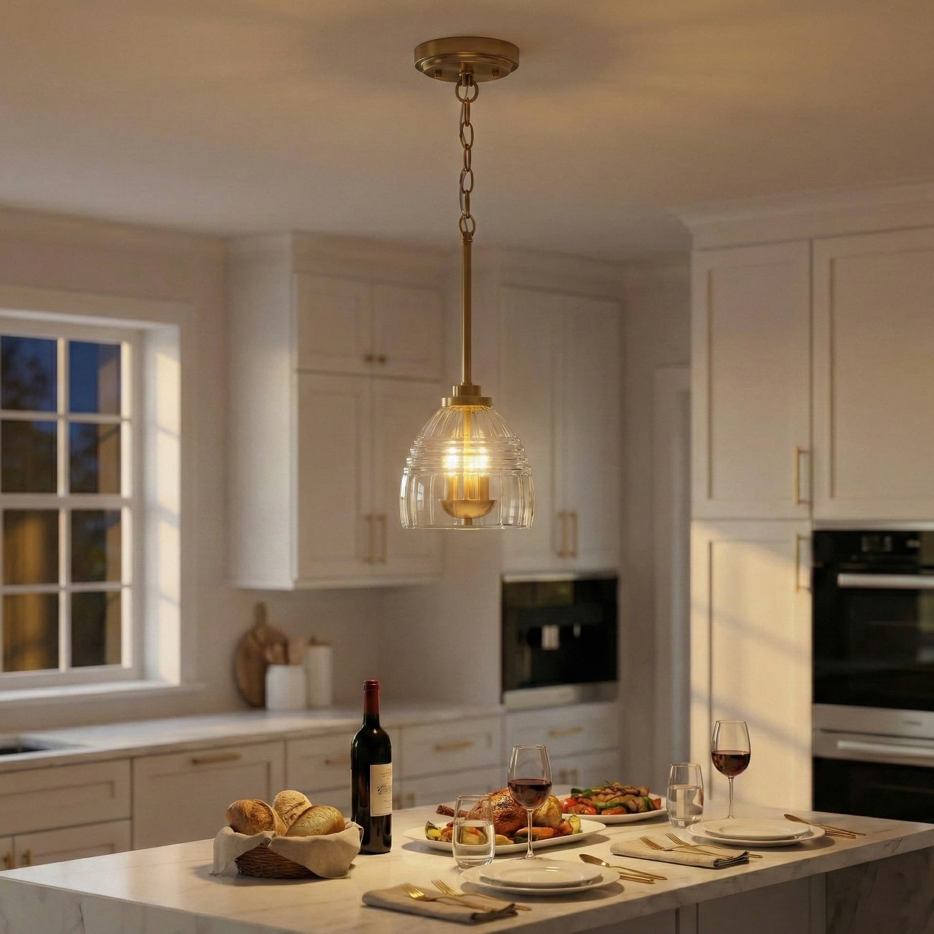 Ember Three Candle Lights Chain Pendant With Clear Glass - Satin Brass