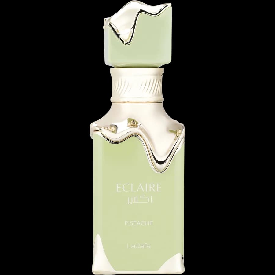 Green glass perfume bottle with elegant gold accents, ECLAIRE Pistache by Lattafa.