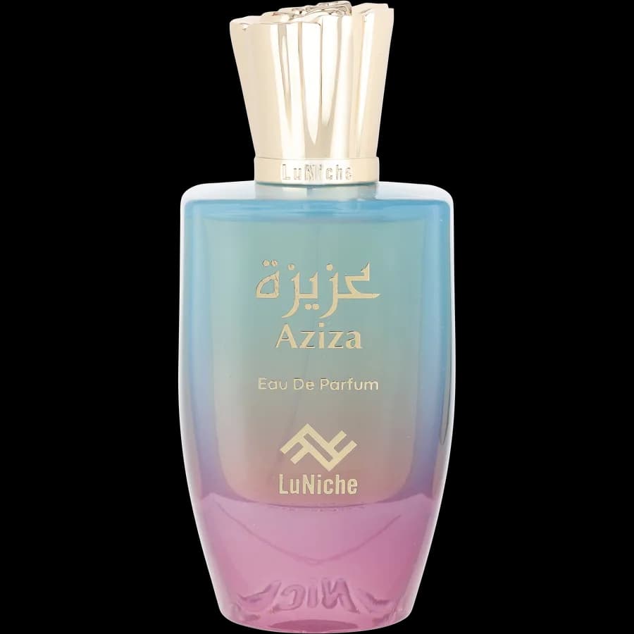 Blue and pink gradient glass perfume bottle with gold cap and labels, labeled Aziza Eau De Parfum by LuNiche.
