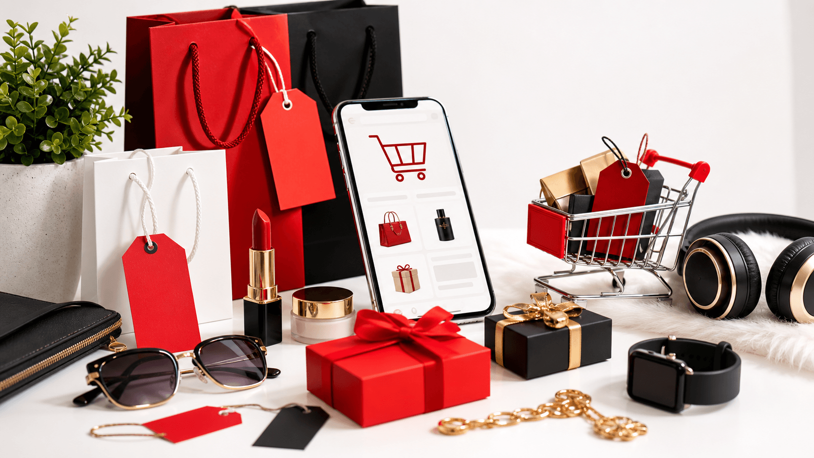 Shopping bags, discount tags, gifts, beauty items, electronics, and a phone showing an online shopping cart.