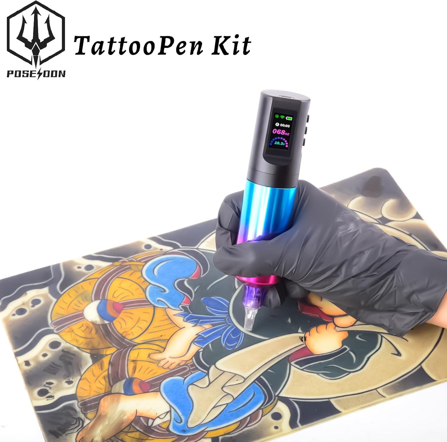 Tattoo kit POSEIDON, Tattoo Pen Kit with 20 PCS Tattoo Cartridge Machine, Tattoo Pen with 1800mAh Capacity Wireless Power, Tattoo Gun kit with Japan Coreless Motor Digital Display for Tattoo Equipment