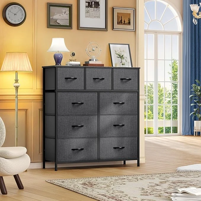DWVO 9 Drawers Dresser for Bedroom, Fabric Storage Tower for Living Room, Entryway - Sturdy Steel Frame, Wooden Top & Easy Pull Fabric Bins