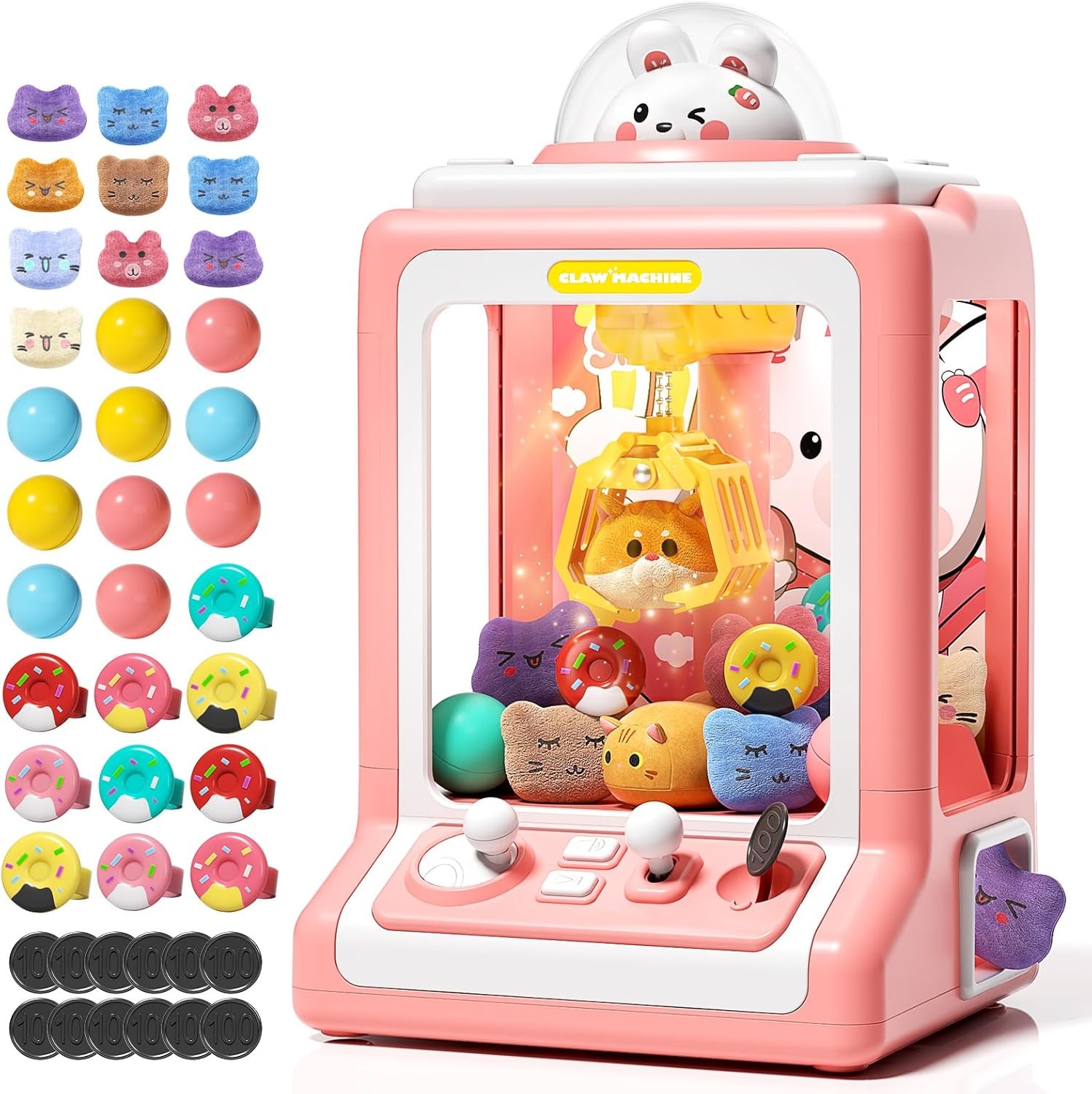 Rabbit Claw Machine for Kids, Mini Vending Machine with Game Coins & Music, Prize Dispenser Toys for Girls and Boys, Electronic Claw Game Machine for Party Birthdays, Includes 30 Mini Toys