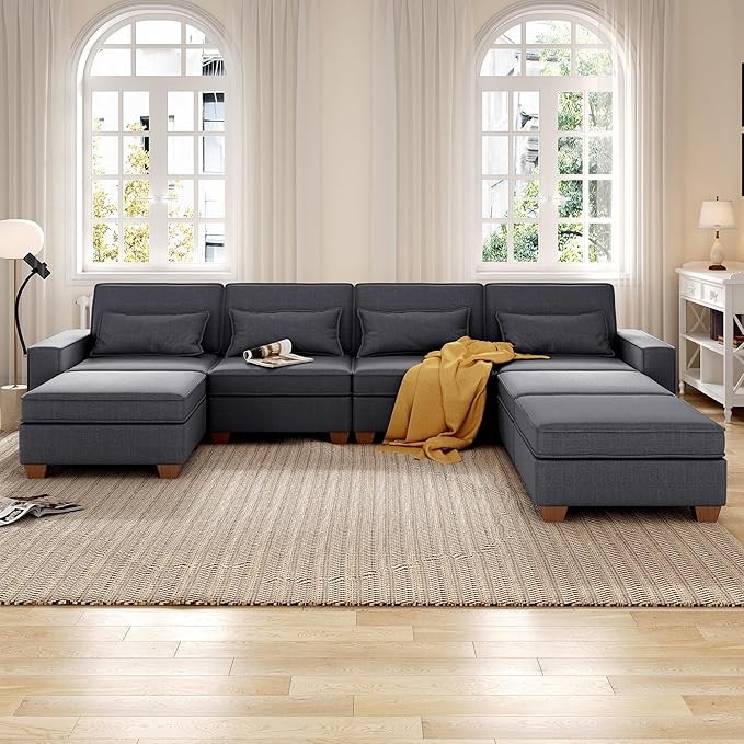 Modular Sectional Sofa, 7 Seat Convertible U Shaped Sofa Couch with Phone Holder and Storage, Modular Sectionals Couch with 3 Ottomans for Living Room, Dark Grey