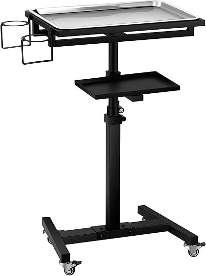 POARMEEY Stainless Steel Tattoo Tray with Wheels Trolley Adjustable Height, Tattoo Workstation Rolling Tray for Tattoo Studio Salon & Spa