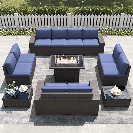 LayinSun 13 Pieces Outdoor Patio Furniture Set with 44" Fire Pit Table Brown Rattan Sectional Sofa Conversation Sets