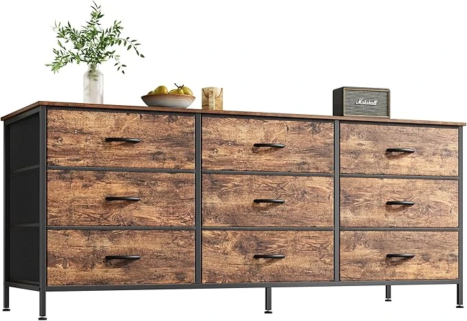 Huuger 9 Drawer Dresser, 55 Inch Dresser TV Stand for 55, 60 Inch TV, Entertainment Center with Drawers, Large Storage Fabric Dresser for Bedroom, Closet, Rustic Brown
