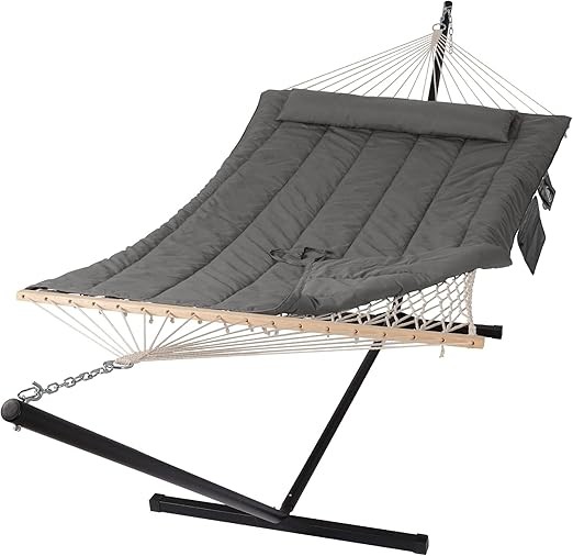 SUNCREAT Double Outdoor Hammock with Stand, Two Person Cotton Rope Hammock with Polyester Pad, Dark Gray