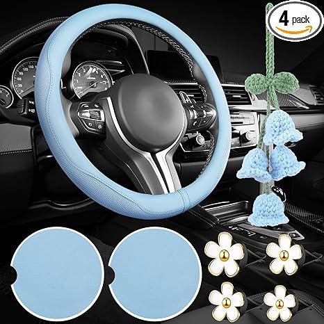 BBTO 4 Blue Car Accessories Set - Car Steering Wheel Cover, Ceramic Cup Holder, Crochet Hanging Ornament, Daisy Flower Air Freshener for Aesthetic Decoration
