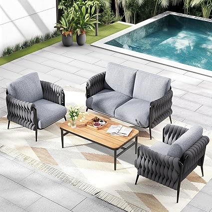 Outdoor Patio Sofa Set 5-Piece, Outdoor 4-Seat Couch Set with Coffee Table, Waterproof Thick Cushion Patio Conversation Set, All Weather Outdoor Furniture for Deck, Lawn, Balcony
