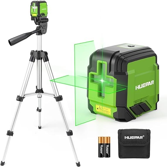 Laser Level with Tripod, HUEPAR 98Ft Self Leveling Laser Level Green Line Laser Cross Line Laser Leveler Tool for Picture Hanging, Tile, Home Renovation, Indoor Project, Battery&Carrying Bag Included