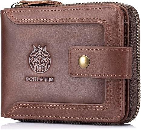 Genuine Leather Zipper Wallet for Men RFID Blocking Large Capacity Vintage Wallet with Coin Pocket ID Window, Coffee