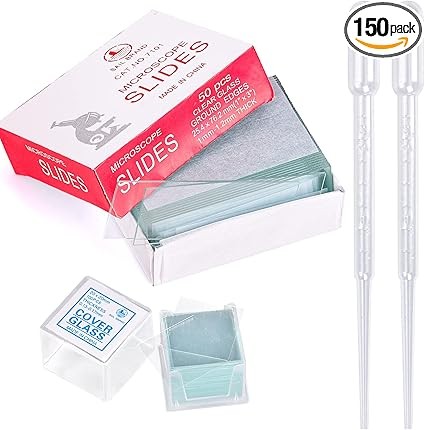 HOAOH 50 Pieces Microscope Slides and 100pcs Pre-Cleaned 20mm x 20mm Microscope Cover Slips Glasses for Basic Biological Science Education