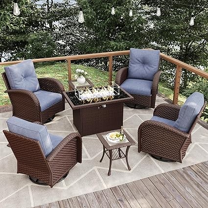 7 Pieces Patio Furniture Sets with Fire Pit Table, Wicker Rattan High Back Outdoor Swivel Rocking Chairs Set with Side Table