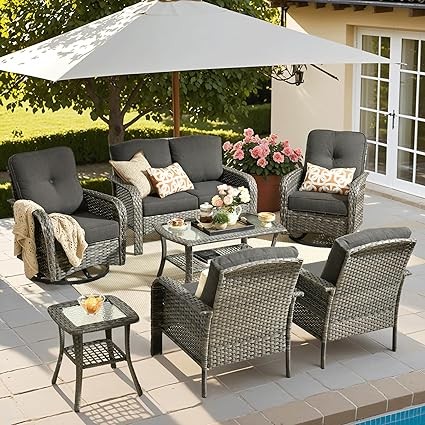ovios 7 Pieces Patio Furniture Set, Outdoor Wicker Sofa with Swivel Chairs, Coffee Table, All Weather High Back Rattan Loveseat Couch with Comfy Cushions, Black