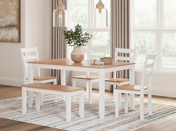 Signature Design by Ashley Gesthaven Modern Dining Table with 4 Chairs and Bench, Set of 6, White & Light Brown