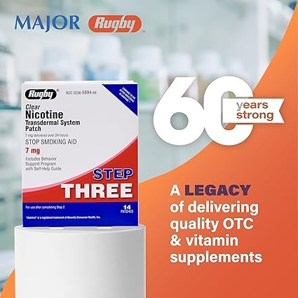 Rugby Clear Nicotine Patches - Transdermal System Patch - Smoking or Vaping Quitting Aid - Step 3-7mg - 14 Count (1 Pack)