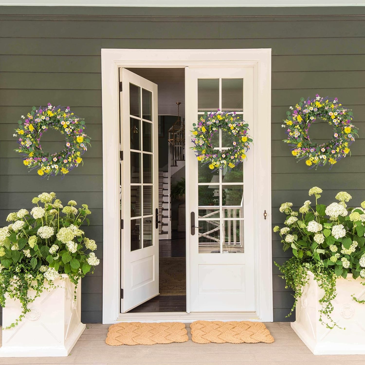 J'FLORU Spring Wreaths for Front Door 22 Inch Artificial Summer Wreath Daisy and Lavender Wreath with Wildflowers for Home Wall Farmhouse Springtime Easter Holiday Party