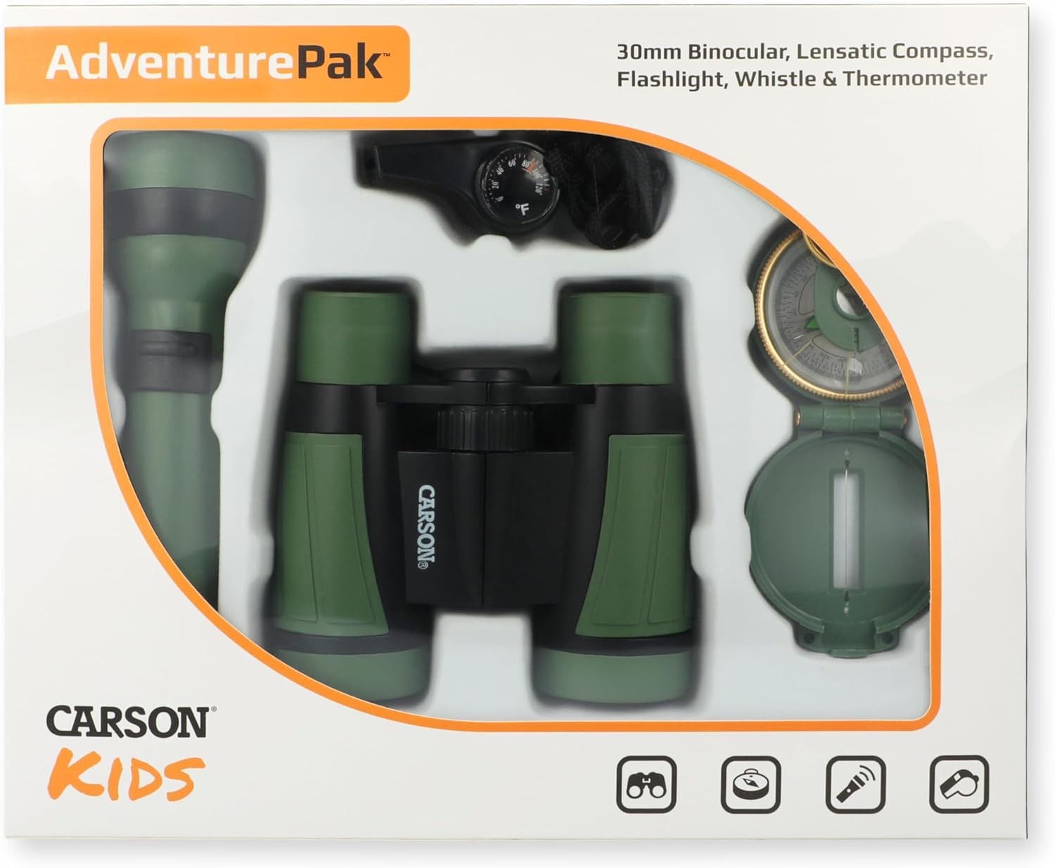 Carson AdventurePak Containing 30mm Kids Field Binoculars, Lensatic Compass, Flashlight and Signal Whistle with a Built-in Thermometer (HU-401), Multicolor