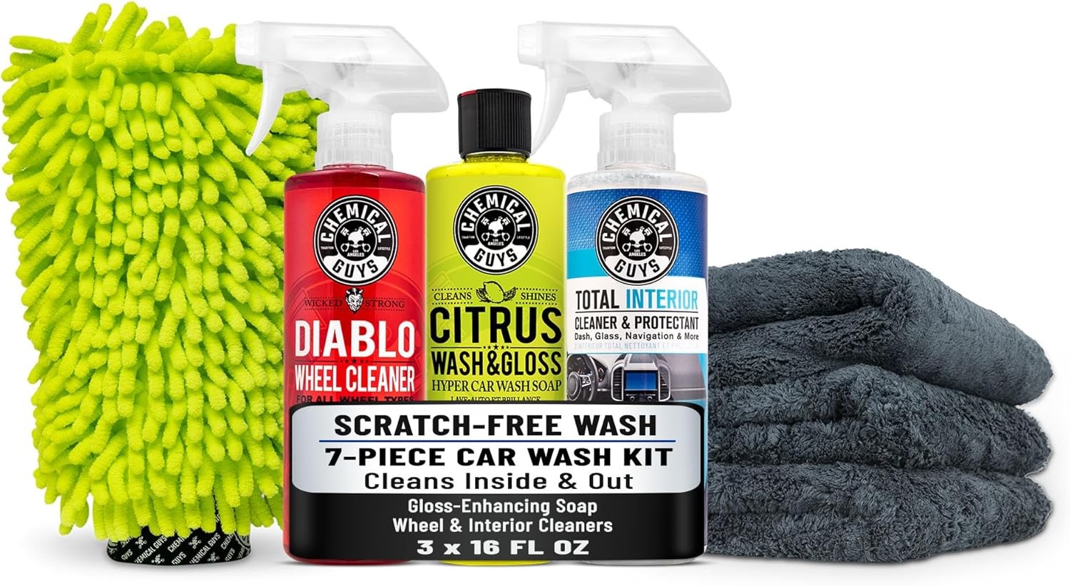 Chemical Guys HOL357 Clean & Shine Car Wash Starter Kit - Safe for Cars, Trucks, Motorcycles, SUVs, Jeeps, RVs & More (7 Piece Set, Including 3 16 oz. Car Detailing Chemicals)