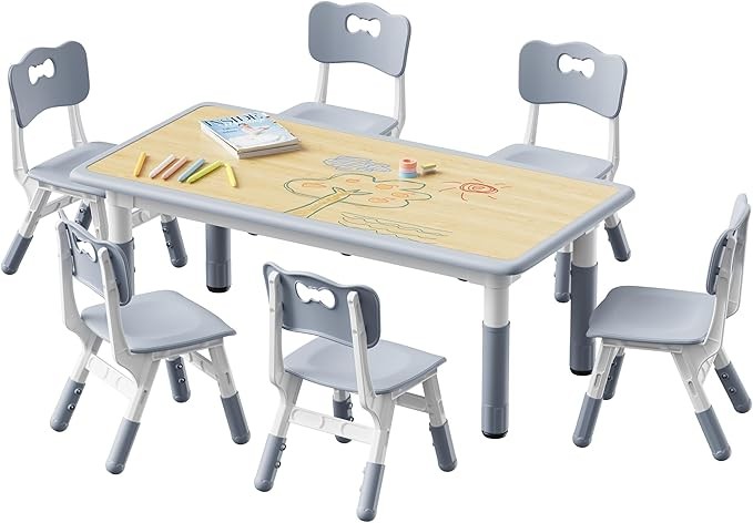 Brelley Kids Table and 6 Chairs Set, Height Adjustable Toddler Table and Chair Set, Graffiti Desktop, Classroom/Daycare/Home, Children Multi-Activity Table for Ages 2-8