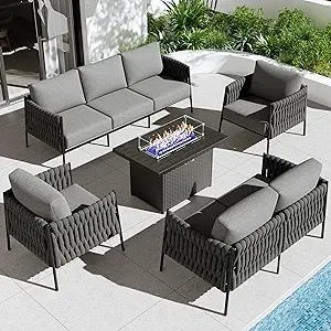 5 Pieces Patio Woven Rope Furniture Set, All-Weather Modern Outdoor Conversation Chat Chairs Set with Fire Pit Table for Balcony, Porch, Deck