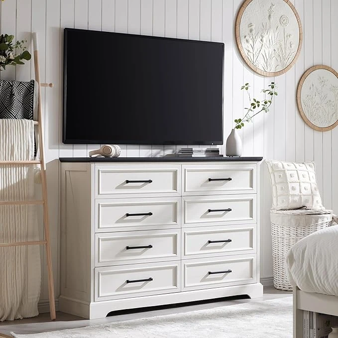 Farmhouse 8 Drawers Dresser Chests for Bedroom,52" Wide Wood Rustic Chest of Drawers with Metal Handle,Natural Texture,Drawer Organizer for Bedroom,Living Room,Hallway and Entryway,White