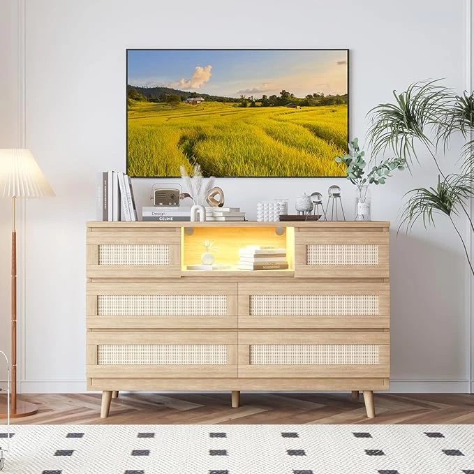 Rattan Dresser for Bedroom with 6 Drawers, Natural Wood Durable Dressers & Chests of Drawers with LED Light and Charging Station, TV Stand, Nursery, Entryway, Hallway, Natural