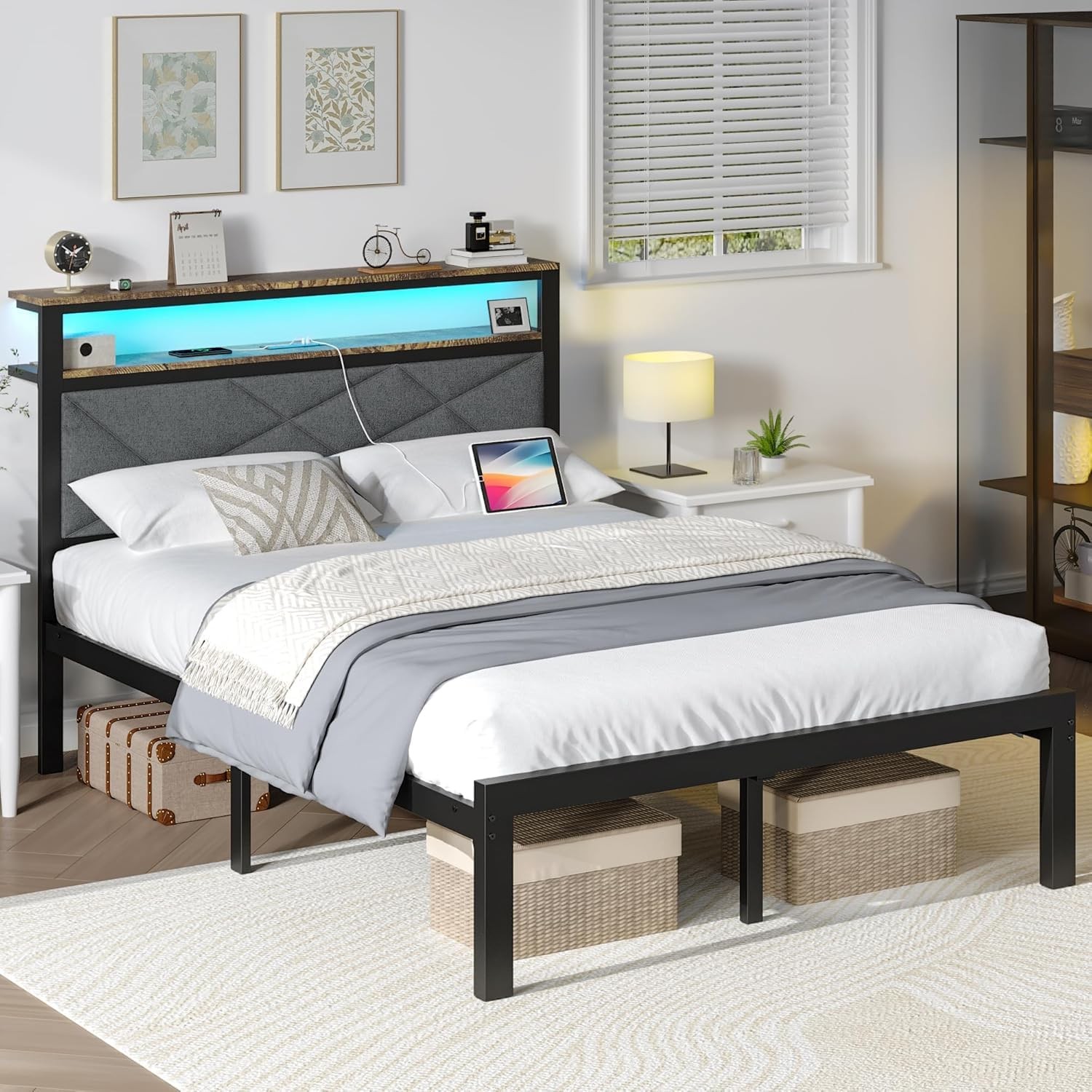 Full Bed Frame with Charging Station, LED Lights, Heavy Duty Metal Slats, Headboard with Upholstered Back and Storage Shelves, No Box Spring, Noise-Free, Easy Assembly, Dark Gray
