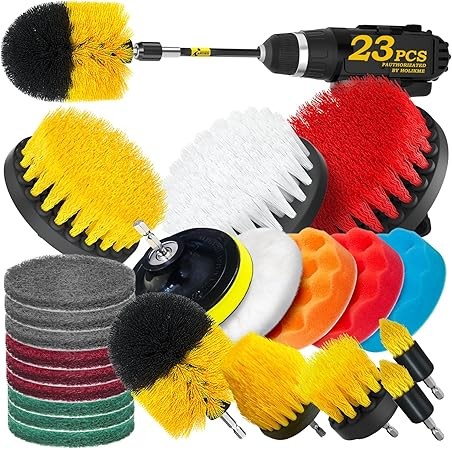 Holikme 23Pack Drill Brush Attachments Set, Scrub Pads & Sponge, Buffing Pads, Power Scrubber Brush with Extend Long Attachment, Car Polishing Pad Kit,Cleaning Supplies，Masonry Brushes,Scratch Brushes