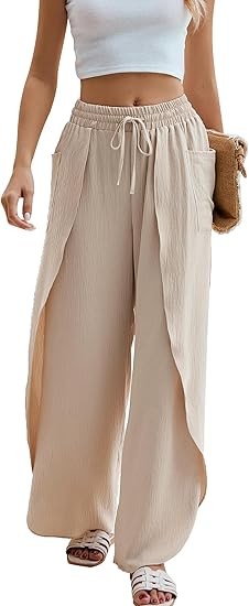 BMJL Womens Wide Leg Summer Pants Flowy Side Split Palazzo Beach Pants Boho High Waisted Trousers