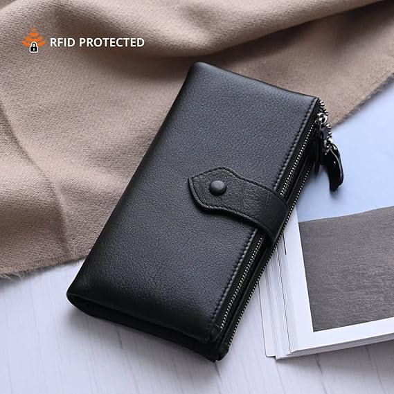 Bveyzi Women Soft Leather RFID Blocking Bifold Slim Wallets Ladies Credit Card Holder Double Zipper Pocket