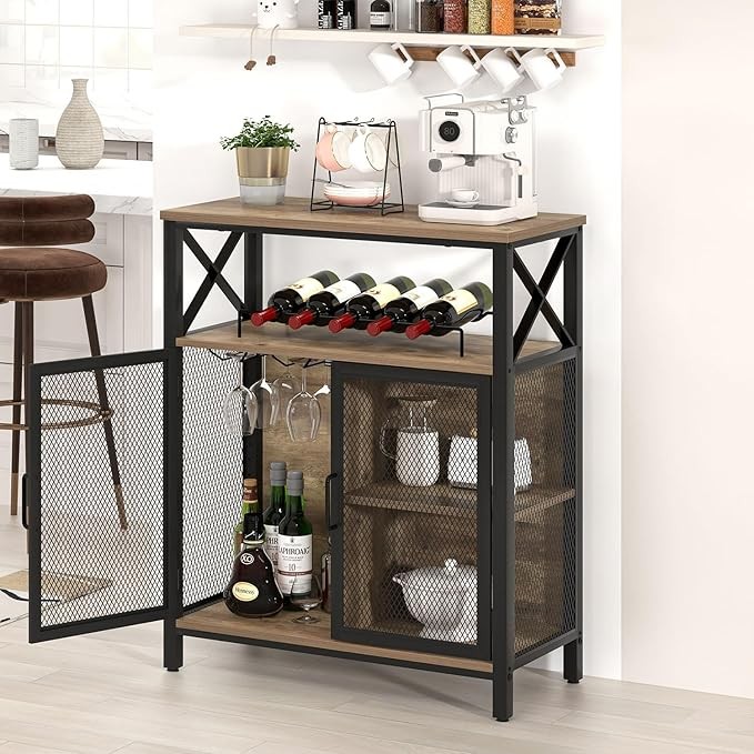 FOLUBAN Coffee Bar Cabinet, Small Liquor Cabinet with Wine Rack for Home, Modern Wine Bar Cabinet with Storage for Living Dining Room, Farmhouse Kitchen Sideboard Buffet Cabinet, Oak 47 Inch
