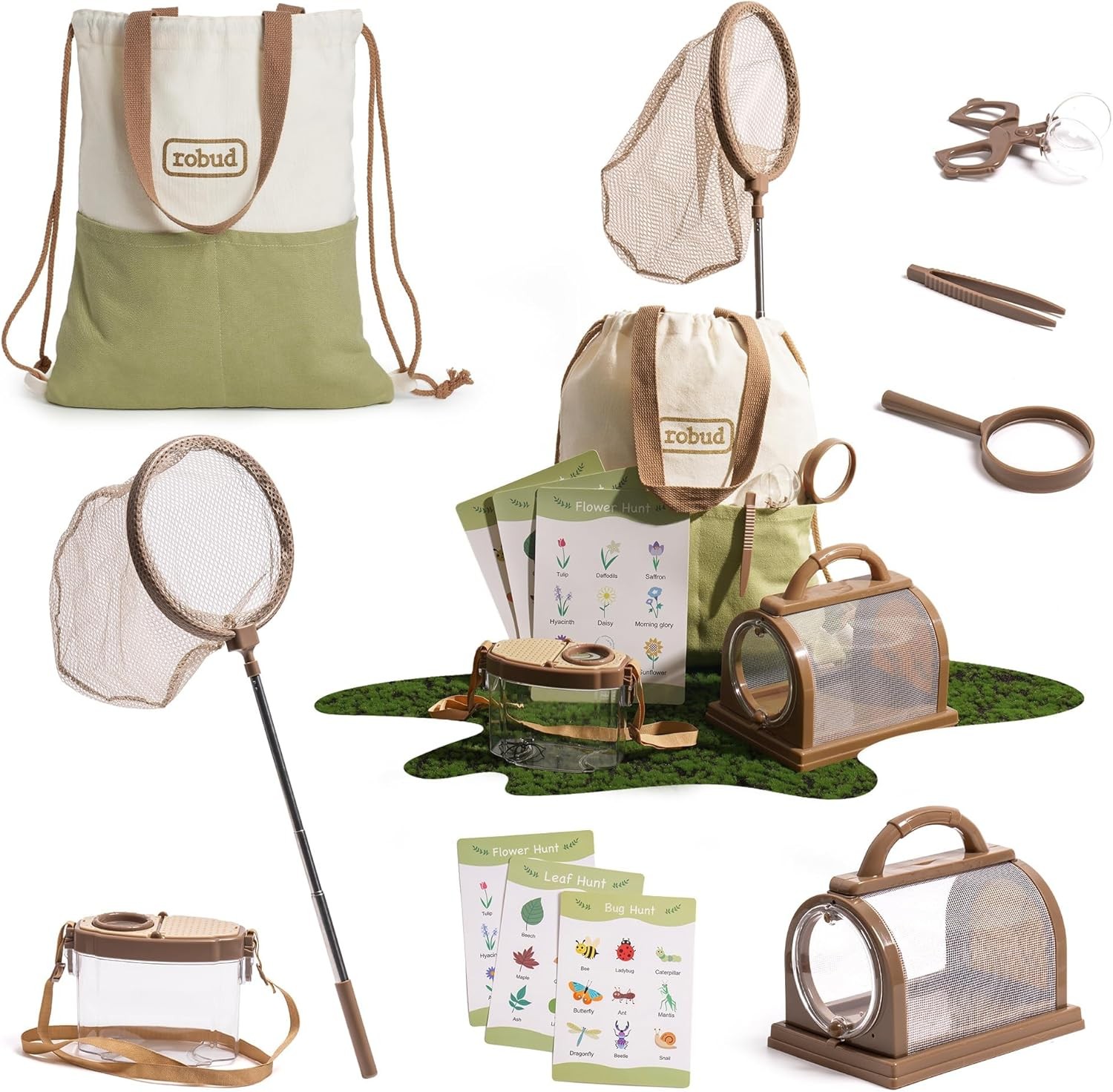 ROBUD Kids Explorer Kit, Bug Catcher Kit with Costume Kit, Outdoor Exploration Set for Camping, Montessroi Toy for Kids Coming Closer to Nature，WRP07