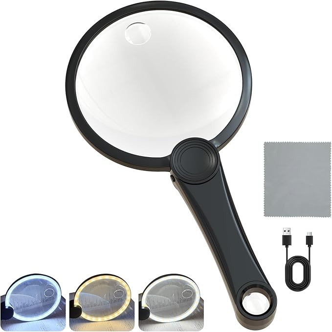 Handheld Magnifier 130mm with 49 Anti-Flicker LEDs, 10X/20X HD Optical Glass Lens, 3 Light Modes & Type-C Charging – Ideal for Reading, Crafts, Seniors, and Hobbyists
